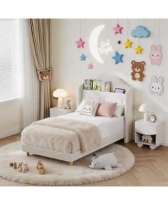 Upholstered Bed Frame with Led Lights, Velvet Platform Bed Frame with Wing Back Storage Headboard