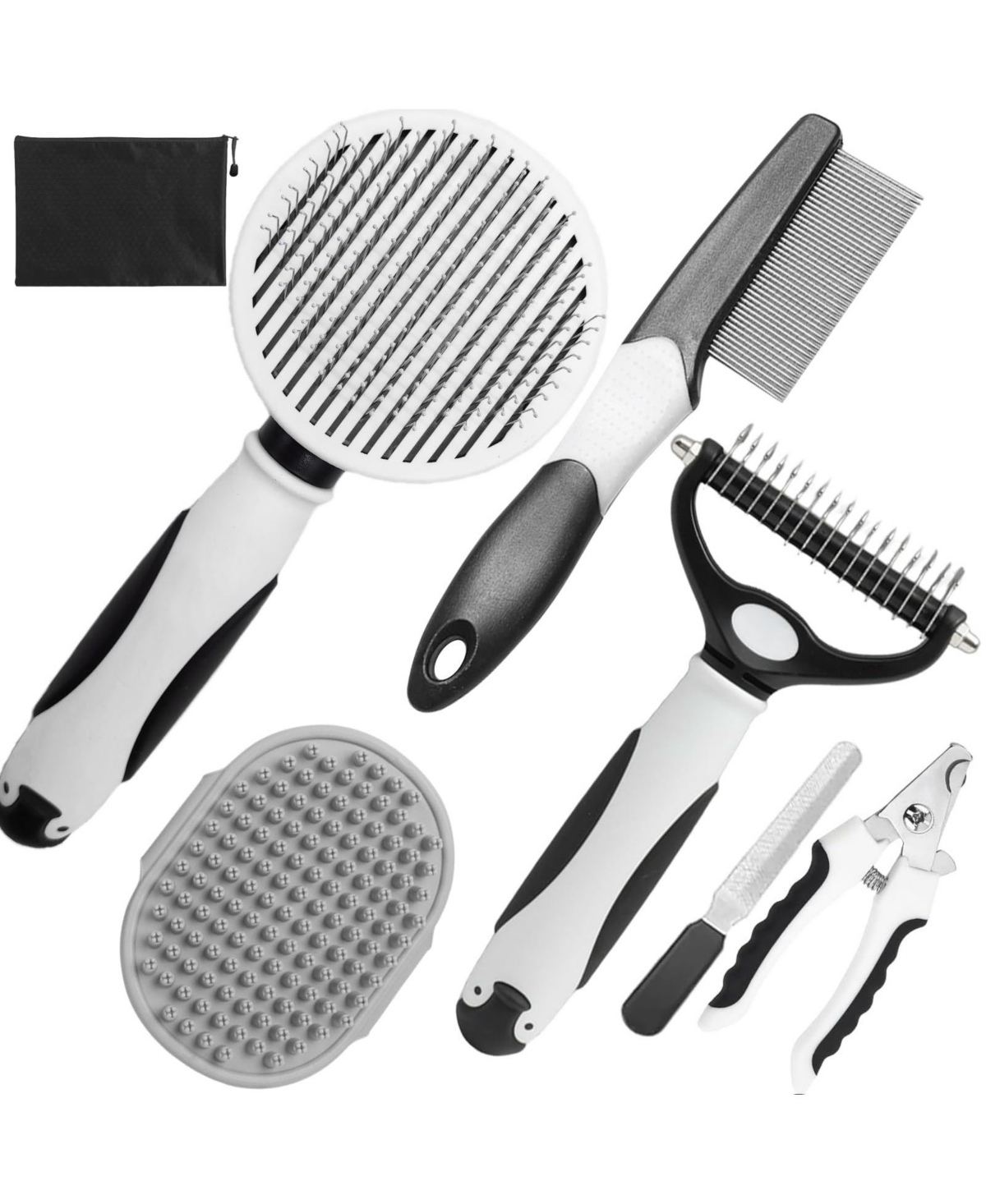 Aronkl Dog Grooming Kit 7-Piece Deshedding Undercoat Rake Slicker Dematting Comb Clipper Bath Brush for Dogs Cats - Black