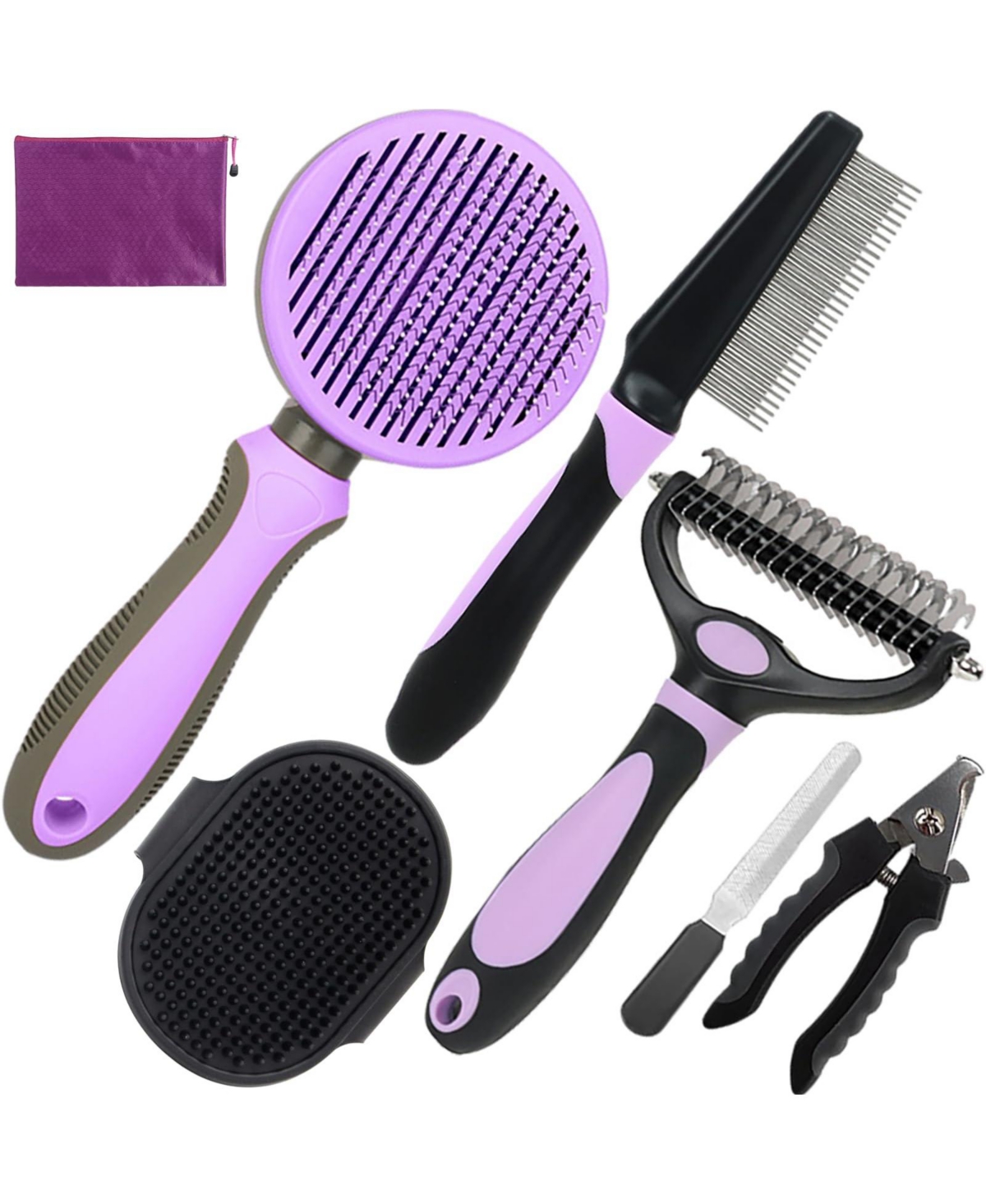 Aronkl Dog Grooming Kit 7-Piece Deshedding Undercoat Rake Slicker Dematting Comb Clipper Bath Brush for Dogs Cats - Purple