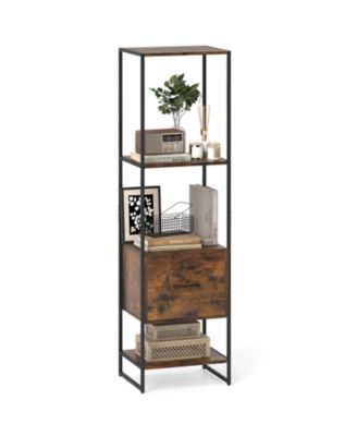 Narrow 5-Tier Bookcase with Open Shelves and Storage Drawer