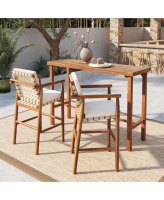3-Piece Outdoor Dining Set with Acacia Wood Height Table and 2 Stools with Cushions