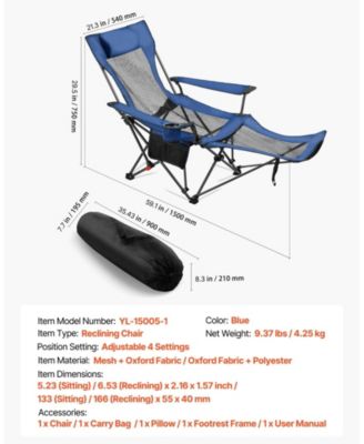 4-Position Reclining Camping Chair Folding Patio Lounger 52.36 x 21.65 x 15.74