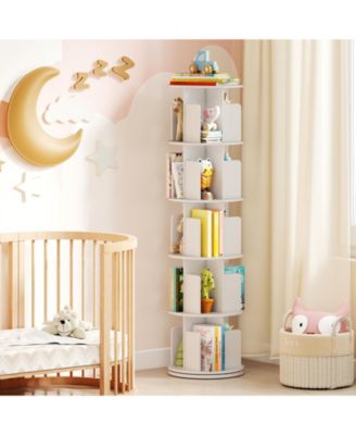 Five Tier Rotating Bookshelf with Dividers and Safety Baffles