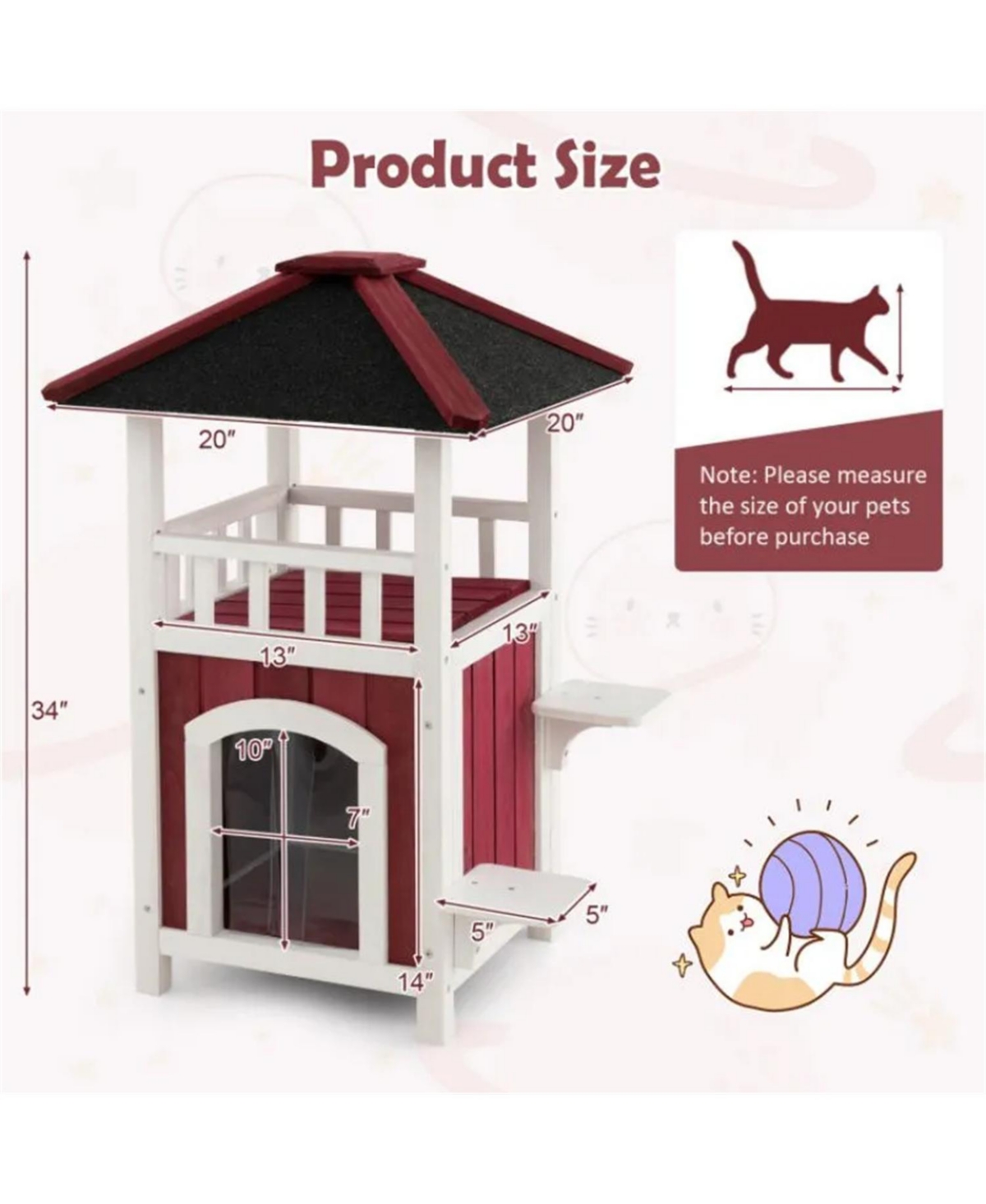 Zeus & Ruta 2 Story Wooden Cat House with Asphalt Roof Balcony and Rain Curtain for Outdoor Use