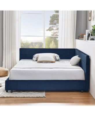 Full Size Velvet Tufted Daybed Backrest Armrest Dark blue