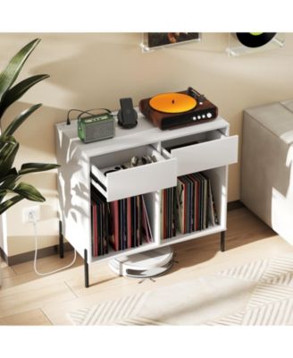 Double Wide Record Player Stand with Power Outlets and Storage