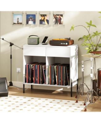 Double Wide Record Player Stand with Power Outlets and Storage