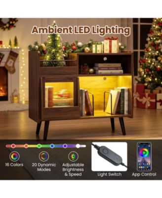 Large Record Player Stand with LED Lights Power Outlets and Door