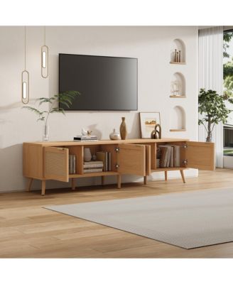 70 inch Modern Cabinet TV Stand with Rattan Doors Media Console with Storage Space & Cable Holes
