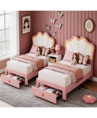 Set of 2 Twin Size Velvet Storage Beds with LED Ambiance - Upholstered Platform Bed Frame with Pull-Out Drawer, No Box Spring Needed