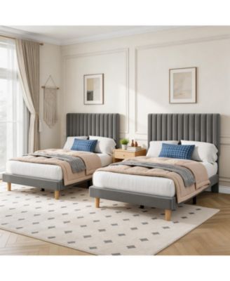 Set of 2 Dreamy Velvet Platform Bed Set with Adjustable Channel-Tufted Headboard - Soft Linen Upholstery, No Box Spring Needed