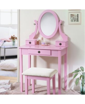 Wood Makeup Vanity Desk and Stool Set - Dressing Table with Mirror and 3 Storage Drawers for Bedroom