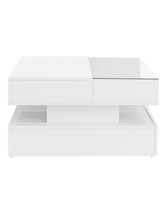 Lift-Top Coffee Table, Modern Square Center Table - 2 Drawers, Hidden Space, LED Lights and High-Gloss Finish for Living Room