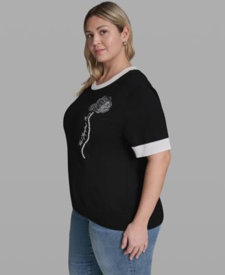 Plus Size Pearl Flower-Detail Pull-On Sweater