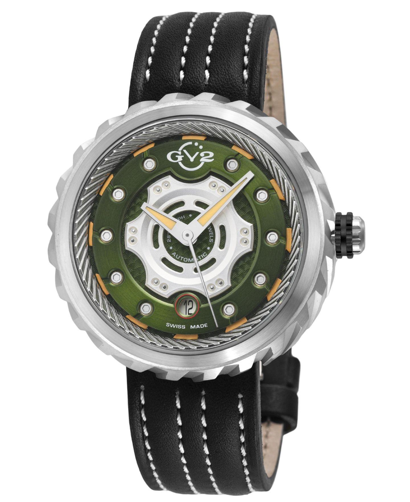 Мужские часы GV2 by Gevril Motorcycle Swiss Automatic stitching Leather Strap Watch, цвет: Серебряный — фото 1
