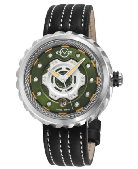 Мужские часы GV2 by Gevril Motorcycle Swiss Automatic stitching Leather Strap Watch, цвет: Серебряный