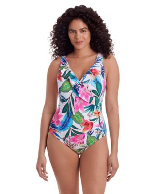 Women's Midnight Plumeria Ruffle Front Surplice Long Torso One-Piece Swimsuit