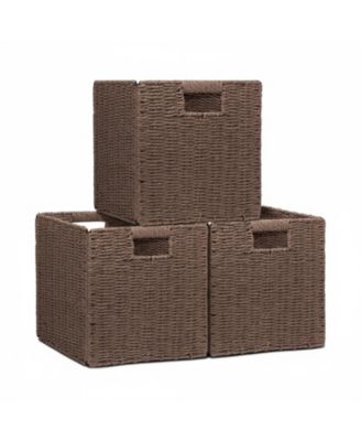 3 Pack Wicker Storage Baskets Foldable Handwoven Square Organizer Bins Rustic Decorative Shelf Closet Organizers