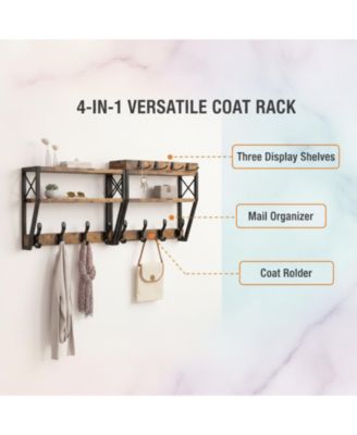 Upgraded 32" Wall Mount Coat Rack 4 in 1 with Shelf 12 Hooks Entryway Organizer Mail Holder