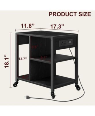 18” Mobile Printer Stand with Outlets, USB, 3/4-Tier Rolling Storage Cart, Shelves, Locking Casters, Compact Table for Office