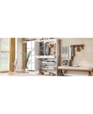 54.7in Hall Tree 4in1 Entryway Storage Shoe Cabinet Mirror Hooks Bench