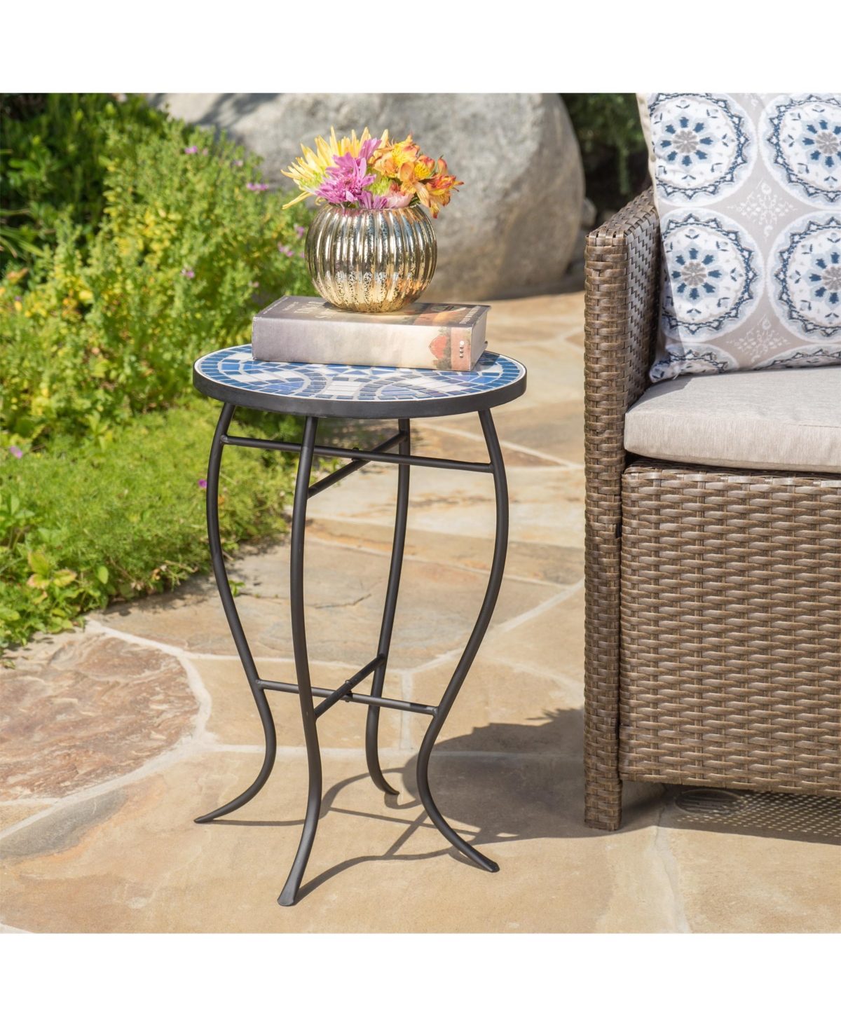 Clihome Outdoor Round Side Table with Mosaic-Style Top and Curved Iron Legs, End Table