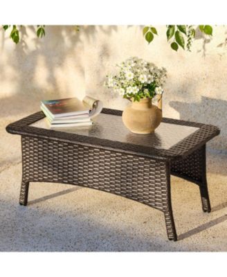 Outdoor Wicker Coffee Table with Hammered Glass Top, Hand PE Rattan Wicker Patio Furniture Set, All-Weather Rectangular Patio Table