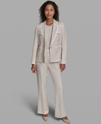 Women's Collared Woven Jacket, Crew Neck Sweater and Wide-Leg Woven Pants