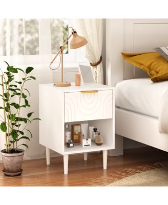 Modern White Nightstand with Gold Handle One Drawer and Open Shelf