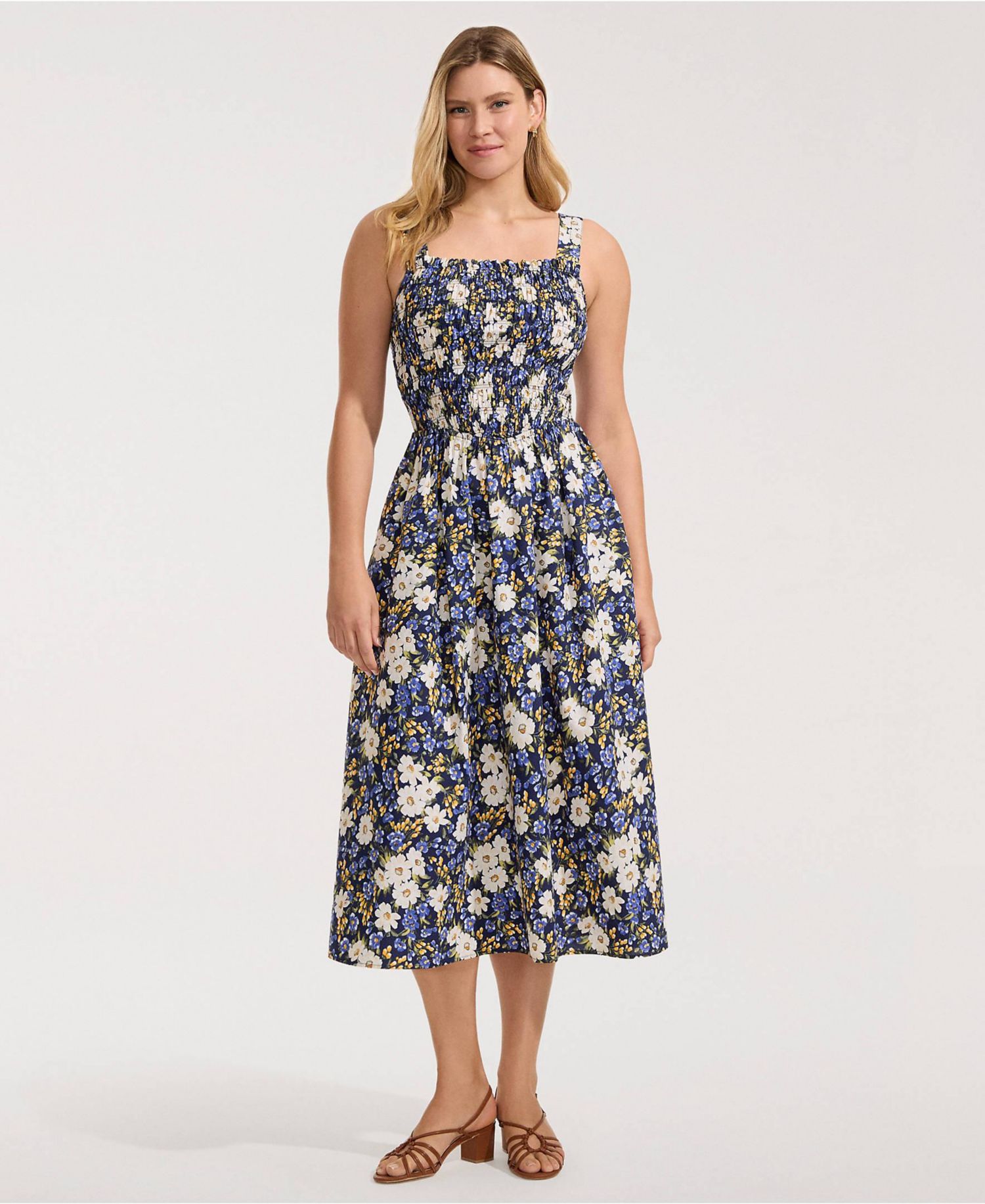 Women's Poplin Smocked Bodice Midi Dress