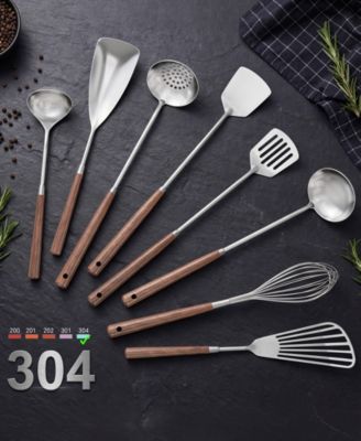 8-Piece 304 Stainless Steel Cooking Utensils Set with Heat-Resistant Wooden Handles