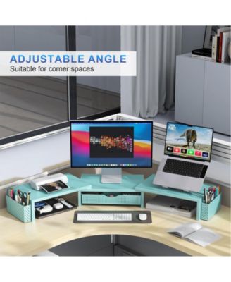 Dual Monitor Stand Riser Desk Organizer Drawer 2 Pen Holders Shelf