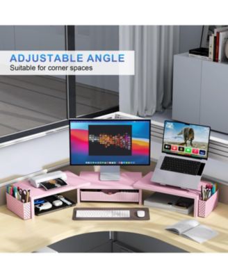 Dual Monitor Stand Riser Desk Organizer Drawer 2 Pen Holders Shelf