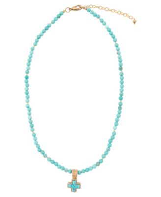Blue Turquoise Cross Golden Pendant Necklace
