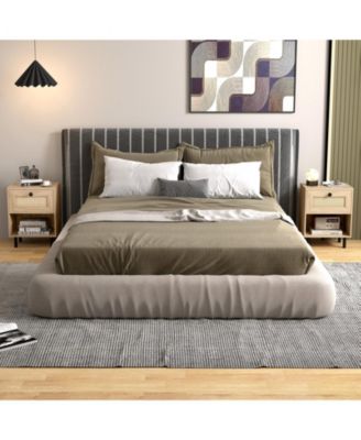 Rattan Nightstand Boho End Table with Rattan Drawer and Open Shelf