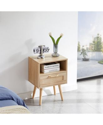 Modern Rattan End Table with Drawer and Solid Wood Legs Nightstand Cabinet