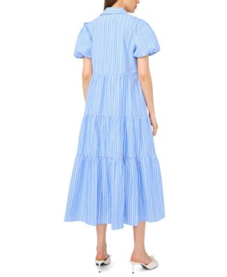 Women's Short-Sleeve Collared Midi Tiered Cotton Shirt-Dress