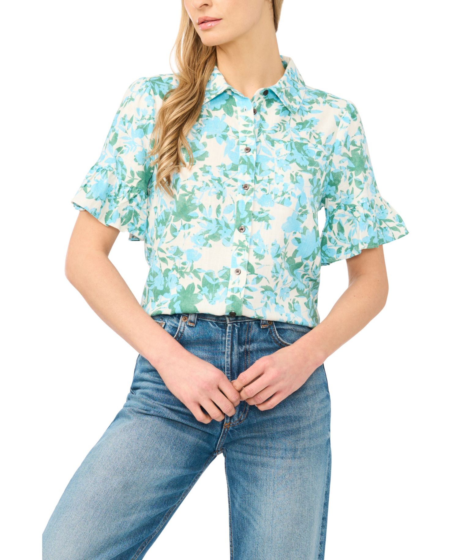 Women's Short-Sleeve Button-Down Cropped Top