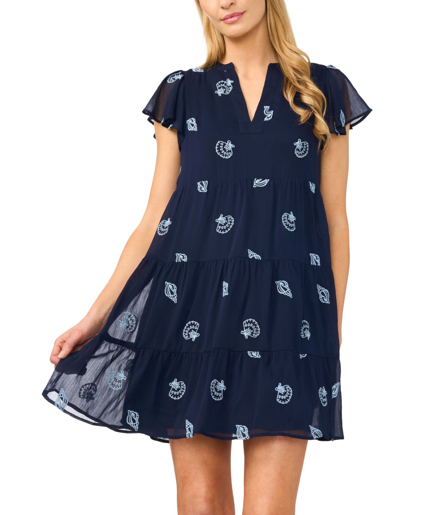 Женское платье CeCe Embroidered V-Neck Short Tiered, цвет: Тёмно-синий — фото 2