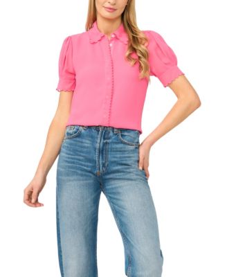 Women's Scalloped Puff-Sleeve Button-Front Top