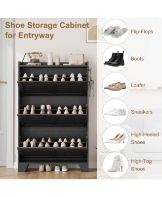 Slim Shoe Cabinet with 2 Flip Drawers and Side Hooks, Deep Entryway Storage