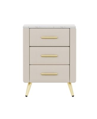 Upholstered Wooden Nightstand with 3 Drawers and Metal Legs and Handles