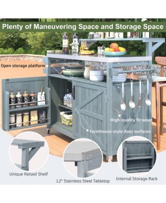53.3inch Outdoor Kitchen Island with Raised Shelf, Solid Wood Storage Cabinet, Rolling Grill Cart with Rack, Adjustable Shelf and Spice Rack