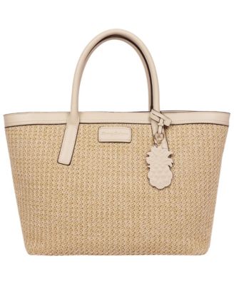 Raffia and PU Large Logo Tote - Woven Straw Beach Tote with Pineapple Charm