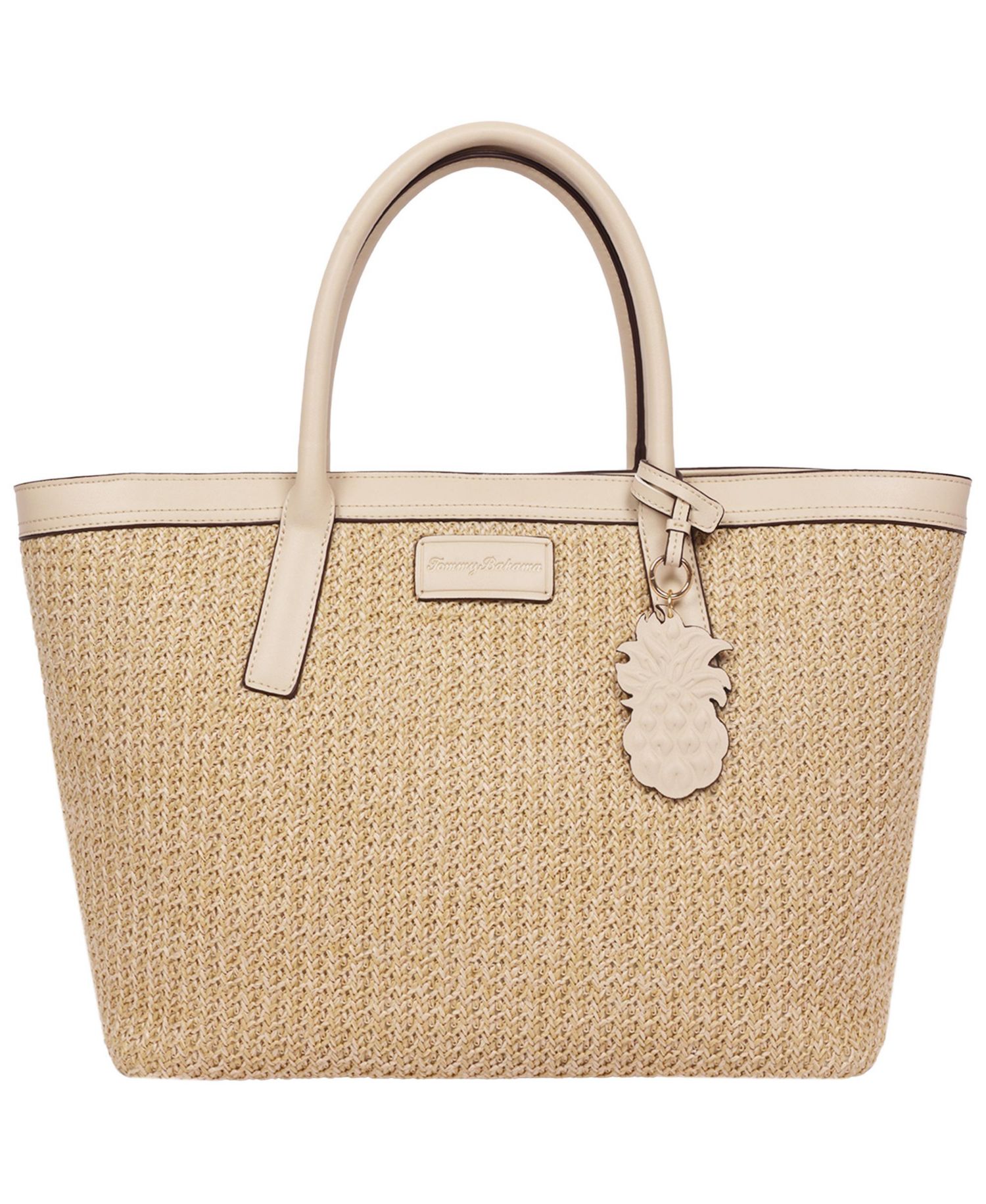 Raffia and PU Large Logo Tote - Woven Straw Beach Tote with Pineapple Charm
