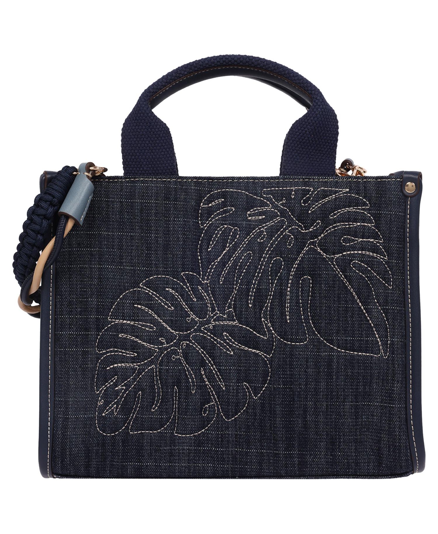 Dorothy Medium Denim Tote - Embroidered Leaf Convertible Top Handle and Crossbody Bag