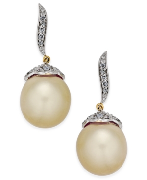 image of Cultured Oval Golden South Sea Pearl (11mm) and Diamond (3/8 ct. t.w.) Drop Earrings in 14k Gold