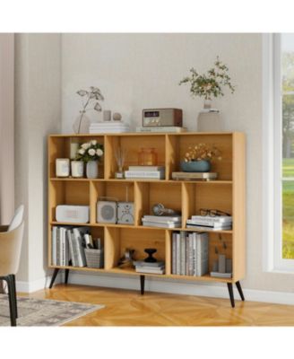 10 Cube Bookshelf, 3 Tier Modern Wide Bookcase with Legs, Mid-Century Wood Bookshelves Storage, Natural Large Book Case