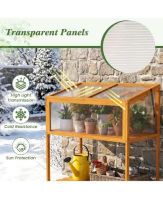 Wood Cold Frame Greenhouse with Transparent Openable Roof and Slatted Storage Shelf