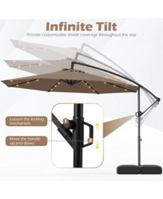 10 ft Solar Offset Patio Umbrella with Base 32 LED Lights 360 Rotation